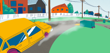 Illustration of a car on a misty road called Danger Street with overturned wheelie bins.