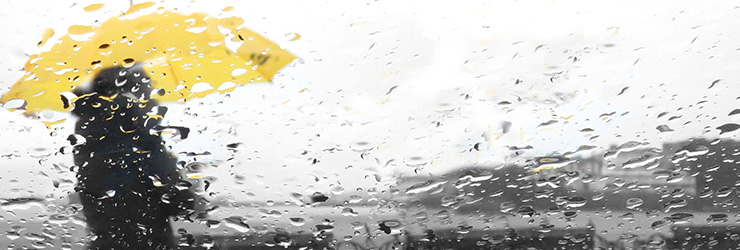 Person with a yellow umbrella viewed though a rainy window
