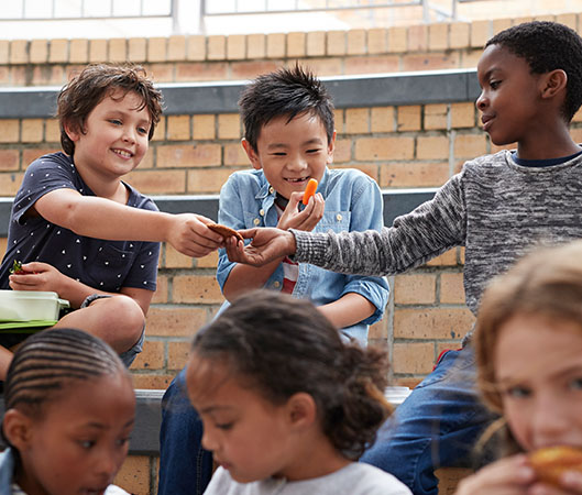 Young schoolchildren sharing lunch