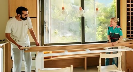 A couple holding planks of wood ready to renovate their dining room.