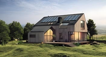 An eco-friendly property with solar panels surrounded by trees and fields.